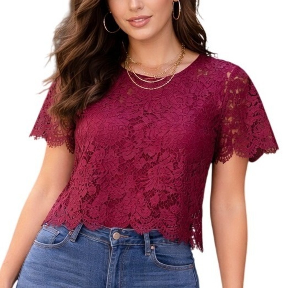 Lulus Burgundy Whimsigoth Floral Lace‎ Tiered Short Sleeve XS Eyelash Fringe Top